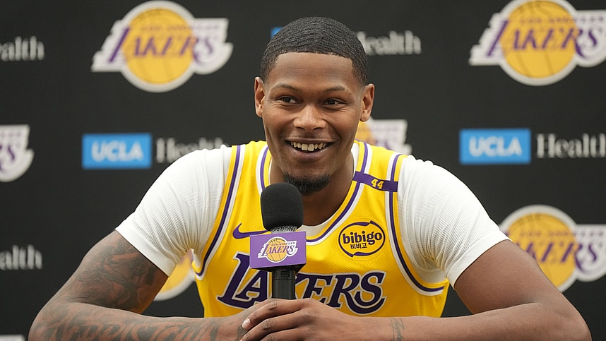 Sep 30, 2024; El Segundo, CA, USA; Los Angeles Lakers forward Cam Reddish (5) during media day at the UCLA Health Training Center. Mandatory Credit: Kirby Lee-Imagn Images
