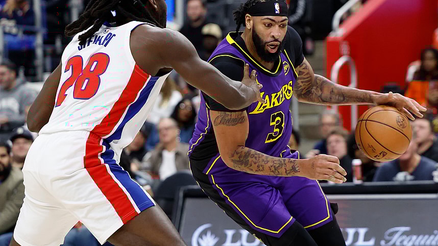 Nov 4, 2024; Detroit, Michigan, USA; Los Angeles Lakers forward Anthony Davis (3) dribbles defended by Detroit Pistons center Isaiah Stewart (28) in the first half at Little Caesars Arena. Mandatory Credit: Rick Osentoski-Imagn Images