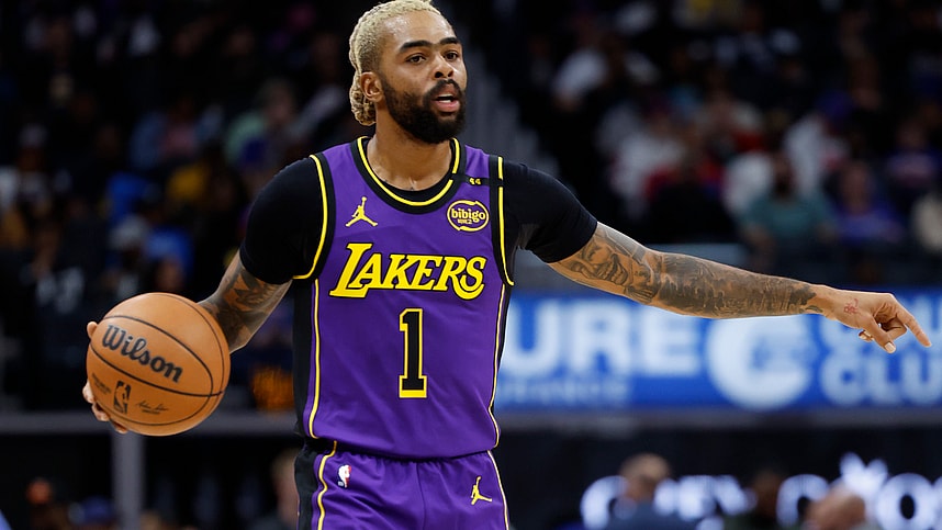 Nov 4, 2024; Detroit, Michigan, USA; Los Angeles Lakers guard D'Angelo Russell (1) dribbles in the first half against the Detroit Pistons at Little Caesars Arena. Mandatory Credit: Rick Osentoski-Imagn Images