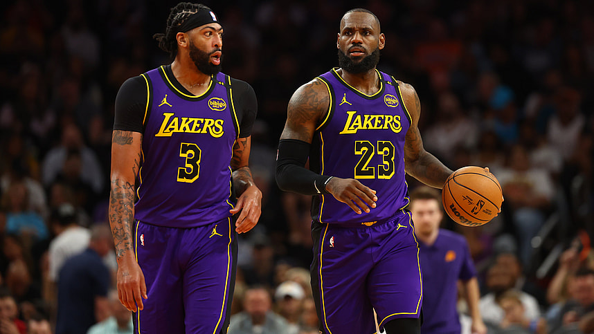 Oct 28, 2024; Phoenix, Arizona, USA; Los Angeles Lakers forward LeBron James (23) and forward Anthony Davis (3) against the Phoenix Suns at Footprint Center. Mandatory Credit: Mark J. Rebilas-Imagn Images