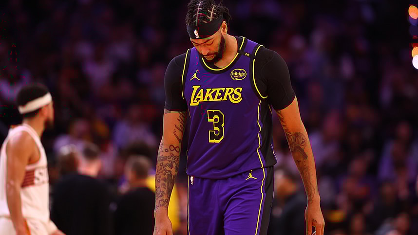 Oct 28, 2024; Phoenix, Arizona, USA; Los Angeles Lakers forward Anthony Davis (3) reacts against the Phoenix Suns at Footprint Center. Mandatory Credit: Mark J. Rebilas-Imagn Images