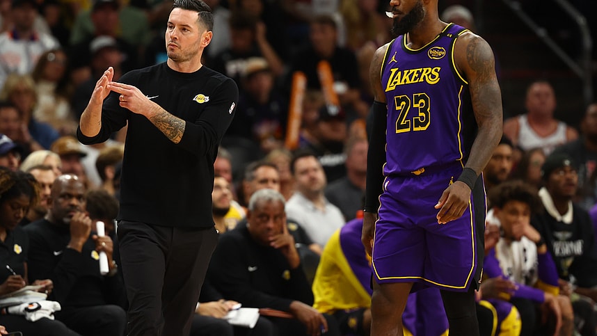 Oct 28, 2024; Phoenix, Arizona, USA; Los Angeles Lakers head coach JJ Redick with forward LeBron James (23) against the Phoenix Suns at Footprint Center. Mandatory Credit: Mark J. Rebilas-Imagn Images