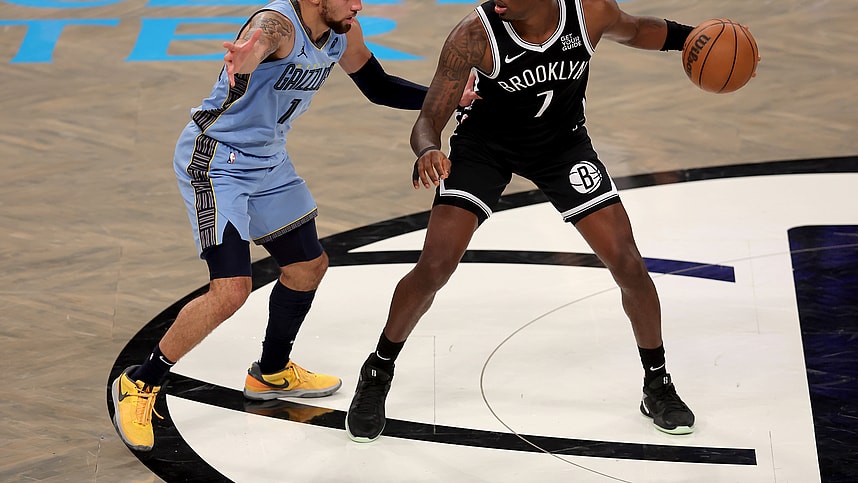Nov 4, 2024; Brooklyn, New York, USA; Brooklyn Nets guard Shake Milton (7) controls the ball against Memphis Grizzlies guard Scotty Pippen Jr. (1) during the fourth quarter at Barclays Center. Mandatory Credit: Brad Penner-Imagn Images