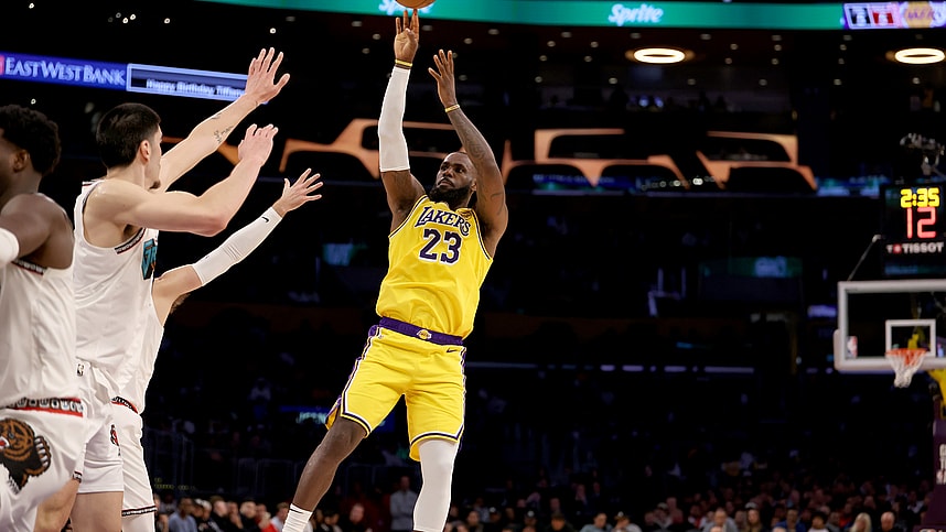 Nov 13, 2024; Los Angeles, California, USA;  Los Angeles Lakers forward LeBron James (23) shoots the ball during the second quarter against the Memphis Grizzlies at Crypto.com Arena. Mandatory Credit: Kiyoshi Mio-Imagn Images