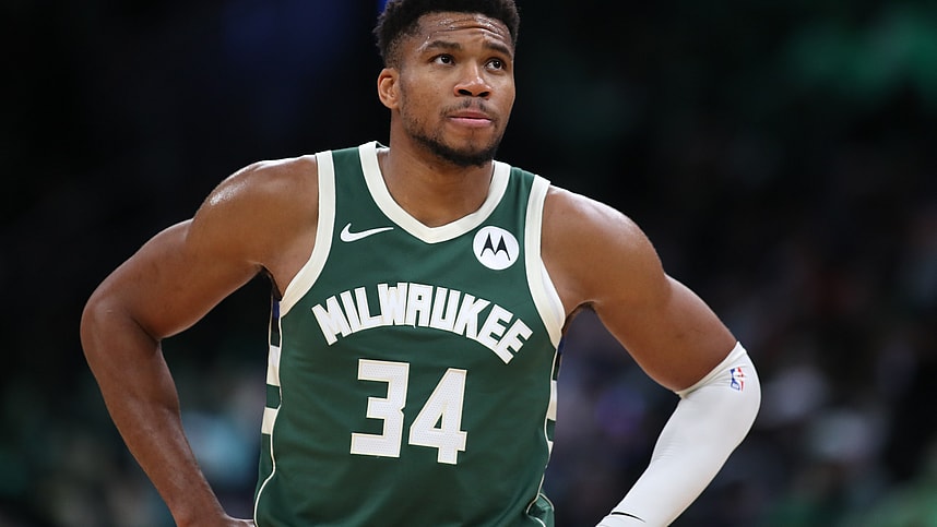 Oct 28, 2024; Boston, Massachusetts, USA; Milwaukee Bucks forward Giannis Antetokounmpo (34) reacts during the second half against the Boston Celtics at TD Garden. Mandatory Credit: Paul Rutherford-Imagn Images