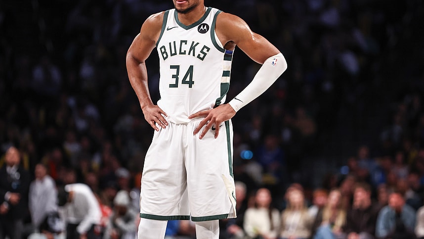 Oct 27, 2024; Brooklyn, New York, USA; Milwaukee Bucks forward Giannis Antetokounmpo (34) at Barclays Center. Mandatory Credit: Wendell Cruz-Imagn Images