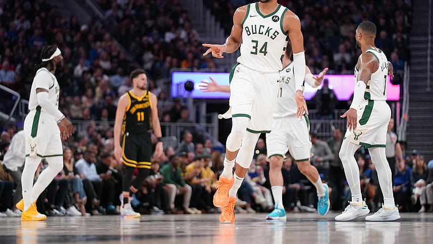 Mar 6, 2024; San Francisco, California, USA; Milwaukee Bucks forward Giannis Antetokounmpo (34) reacts after the Bucks made a basket against the Golden State Warriors in the third quarter at the Chase Center. Mandatory Credit: Cary Edmondson-Imagn Images