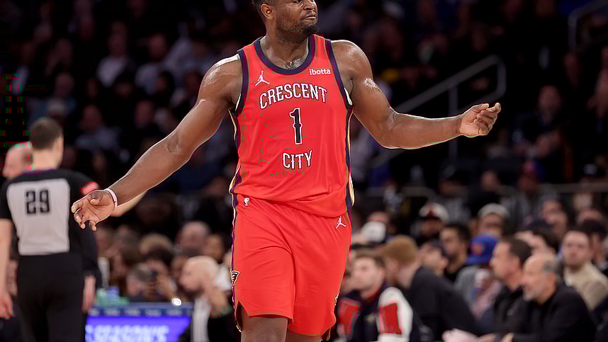 Feb 27, 2024; New York, New York, USA; New Orleans Pelicans forward Zion Williamson (1) reacts during the fourth quarter against the New York Knicks at Madison Square Garden. Mandatory Credit: Brad Penner-Imagn Images