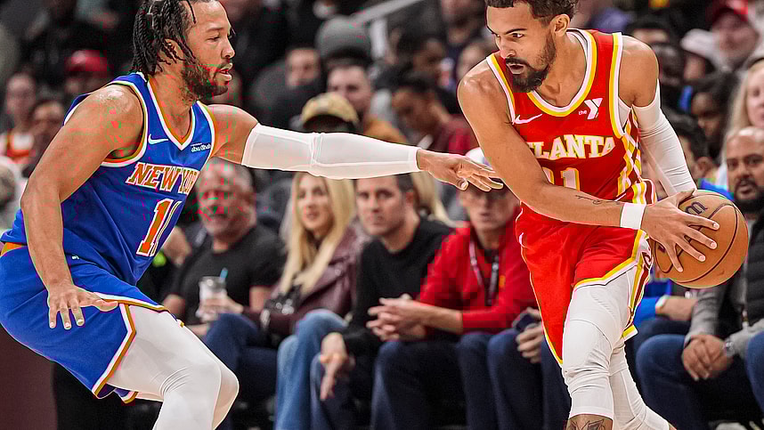 Nov 6, 2024; Atlanta, Georgia, USA; Atlanta Hawks guard Trae Young (11) is defended by New York Knicks guard Jalen Brunson (11) during the first half at State Farm Arena. Mandatory Credit: Dale Zanine-Imagn Images
