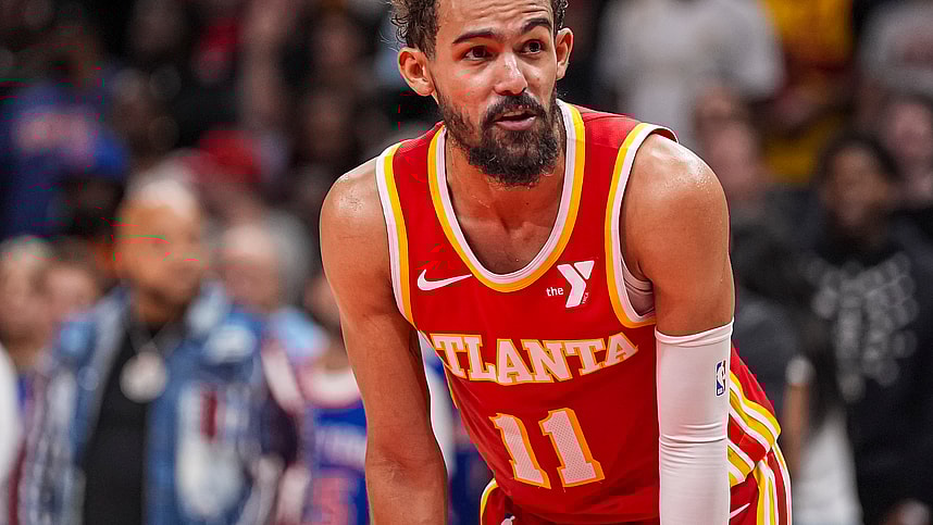 Nov 6, 2024; Atlanta, Georgia, USA; Atlanta Hawks guard Trae Young (11) shown on the court against the New York Knicks during the second half at State Farm Arena. Mandatory Credit: Dale Zanine-Imagn Images