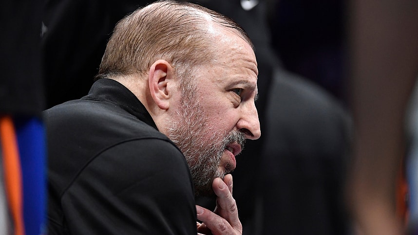 Nov 29, 2024; Charlotte, North Carolina, USA; New York Knicks head coach Tom Thibodeau in a time out during the second half against the Charlotte Hornets at the Spectrum Center. Mandatory Credit: Sam Sharpe-Imagn Images