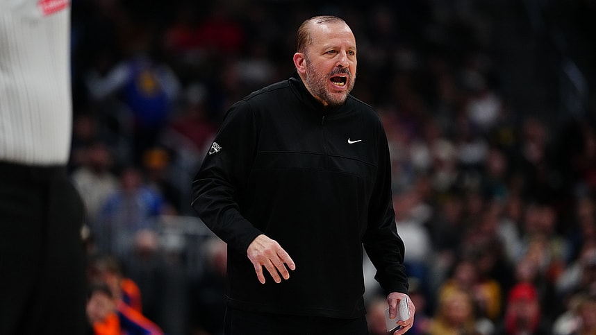 Nov 25, 2024; Denver, Colorado, USA; New York Knicks head coach Tom Thibodeau during the second half against the Denver Nuggets at Ball Arena. Mandatory Credit: Ron Chenoy-Imagn Images