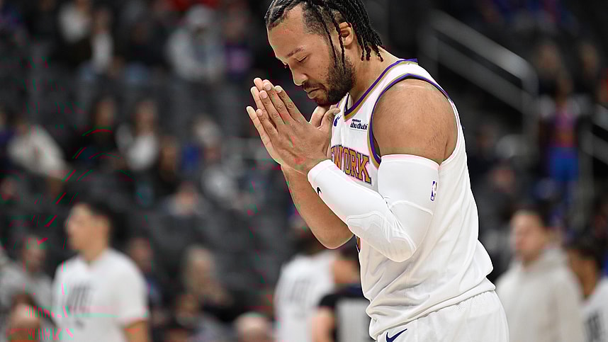 Nov 1, 2024; Detroit, Michigan, USA; New York Knicks guard Jalen Brunson (11) gets mentally prepared before the start of their game against the Detroit Pistons at Little Caesars Arena. Mandatory Credit: Lon Horwedel-Imagn Images