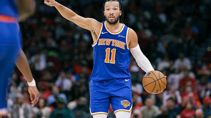 Nov 4, 2024; Houston, Texas, USA; New York Knicks guard Jalen Brunson (11) brings the ball up the court during the third quarter against the Houston Rockets at Toyota Center. Mandatory Credit: Troy Taormina-Imagn Images