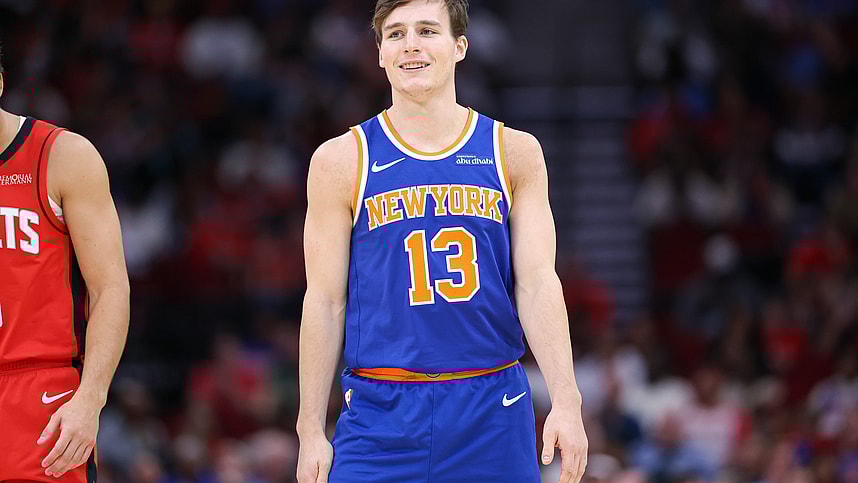 Nov 4, 2024; Houston, Texas, USA; New York Knicks guard Tyler Kolek (13) during the game against the Houston Rockets at Toyota Center. Mandatory Credit: Troy Taormina-Imagn Images