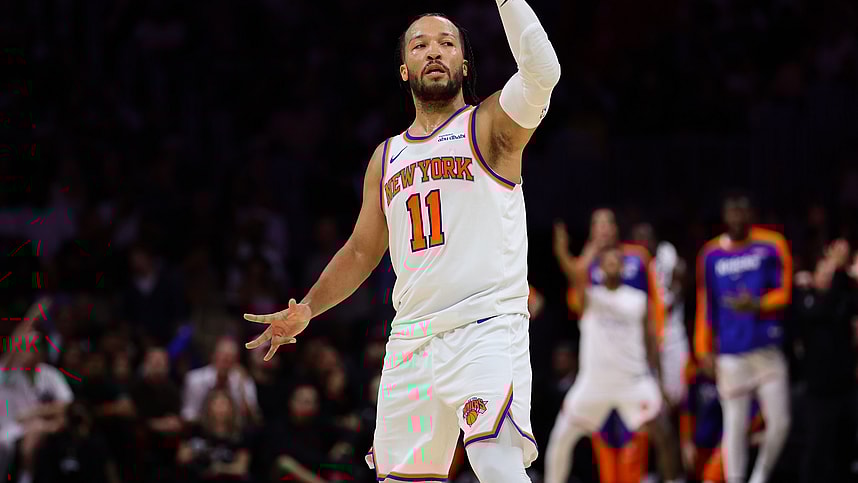 Oct 30, 2024; Miami, Florida, USA; New York Knicks guard Jalen Brunson (11) reacts after scoring a three-point shot against the Miami Heat during the third quarter at Kaseya Center. Mandatory Credit: Sam Navarro-Imagn Images