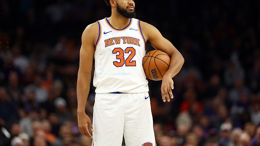 Nov 20, 2024; Phoenix, Arizona, USA; New York Knicks center Karl-Anthony Towns (32) against the Phoenix Suns at Footprint Center. Mandatory Credit: Mark J. Rebilas-Imagn Images