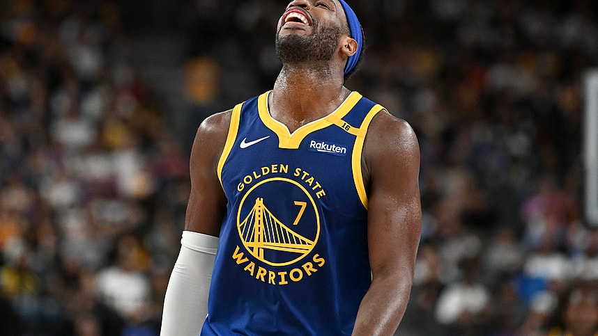 Oct 15, 2024; Las Vegas, Nevada, USA; Golden State Warriors guard Buddy Hield (7) reacts to a play against the Los Angeles Lakers in the fourth quarter during a preseason game at T-Mobile Arena. Mandatory Credit: Candice Ward-Imagn Images