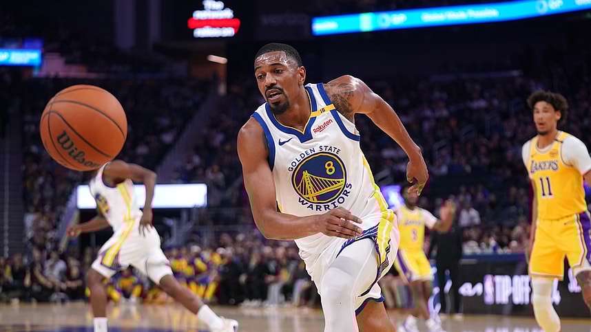 Oct 18, 2024; San Francisco, California, USA; Golden State Warriors guard De'Anthony Melton (8) runs down a loose ball against the Los Angeles Lakers in the first quarter at the Chase Center. Mandatory Credit: Cary Edmondson-Imagn Images