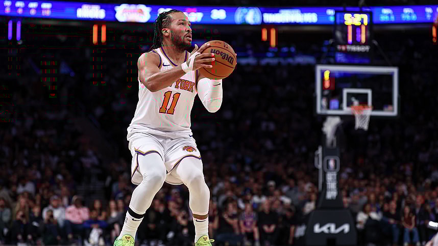 Oct 13, 2024; New York, New York, USA; New York Knicks guard Jalen Brunson (11) shoots the ball during the first half against the Minnesota Timberwolves at Madison Square Garden. Mandatory Credit: Vincent Carchietta-Imagn Images
