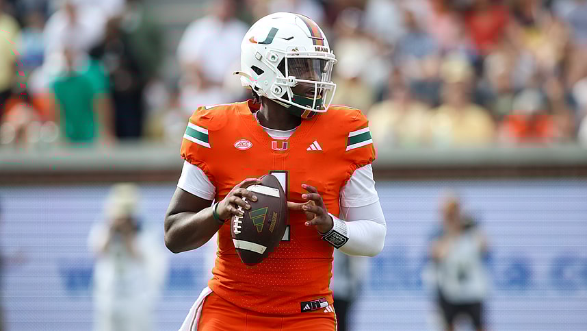 Nov 9, 2024; Atlanta, Georgia, USA; Miami Hurricanes quarterback Cam Ward (1) drops back to pass against the Georgia Tech Yellow Jackets in the third quarter at Bobby Dodd Stadium at Hyundai Field. Mandatory Credit: Brett Davis-Imagn Images