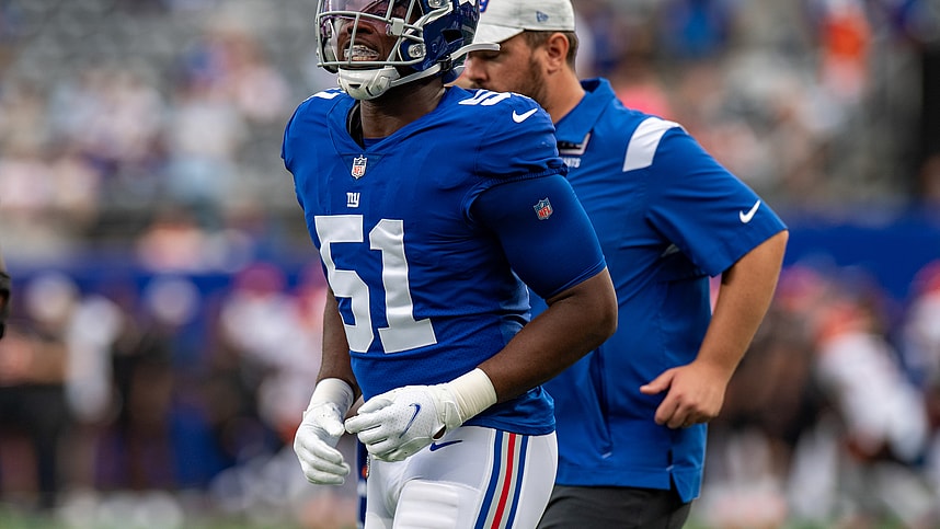 Aug 21, 2022; East Rutherford, New Jersey, USA; New York Giants linebacker Azeez Ojulari (51) warms up prior to the preseason game against the Cincinnati Bengals at MetLife Stadium. Mandatory Credit: John Jones-Imagn Images