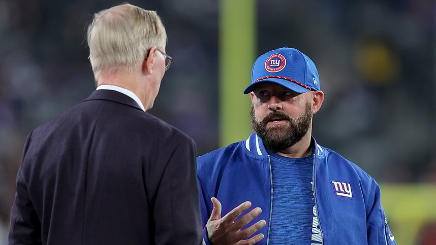Oct 13, 2024; East Rutherford, New Jersey, USA; New York Giants head coach Brian Daboll talks to co-owner John Mara before a game against the Cincinnati Bengals at MetLife Stadium. Mandatory Credit: Brad Penner-Imagn Images