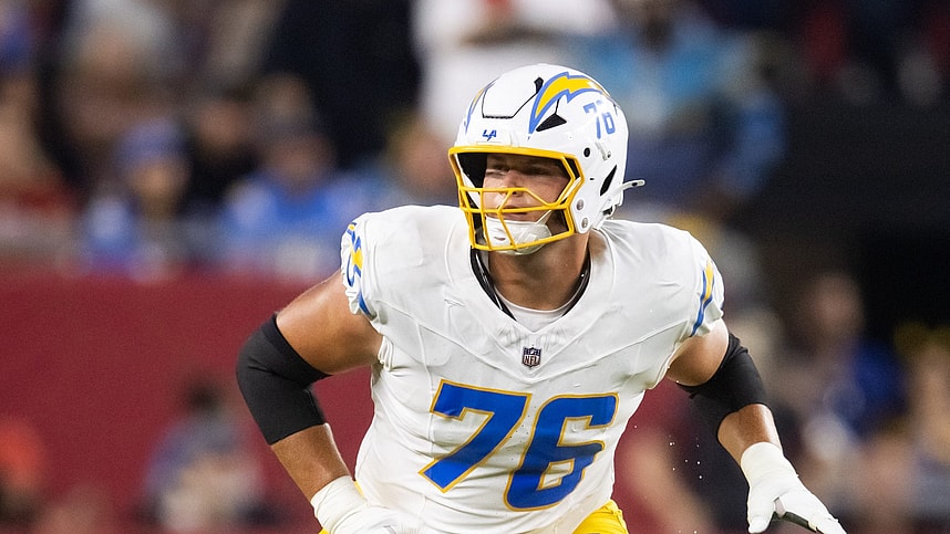 Oct 21, 2024; Glendale, Arizona, USA; Los Angeles Chargers offensive tackle Joe Alt (76) against the Arizona Cardinals at State Farm Stadium. Mandatory Credit: Mark J. Rebilas-Imagn Images