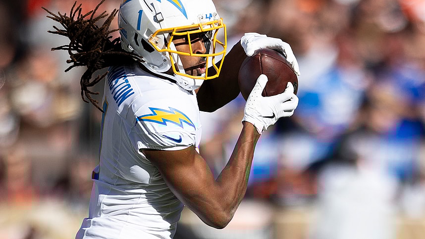 Nov 3, 2024; Cleveland, Ohio, USA; Los Angeles Chargers wide receiver Quentin Johnston (1) makes a reception against the Cleveland Browns during the second quarter at Huntington Bank Field. Mandatory Credit: Scott Galvin-Imagn Images