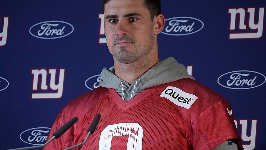 Nov 8, 2024; Munich, Germany; New York Giants quarterback Daniel Jones (8) during press conference at the FC Bayern Munchen training grounds at Sabener Strasse.  Mandatory Credit: Kirby Lee-Imagn Images