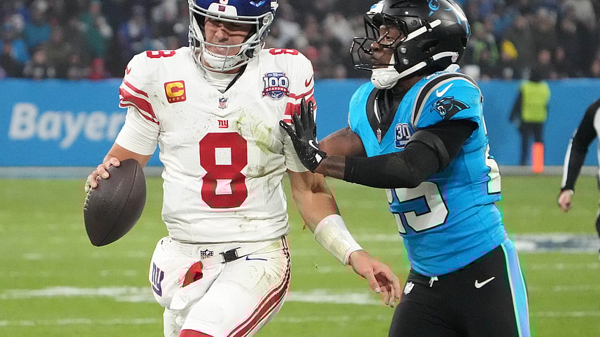 Nov 10, 2024; Munich, Germany; Carolina Panthers cornerback Jaycee Horn (8) carries the ball against Carolina Panthers safety Xavier Woods (25) in the second half during the 2024 NFL Munich Game at Allianz Arena. Mandatory Credit: Kirby Lee-Imagn Images