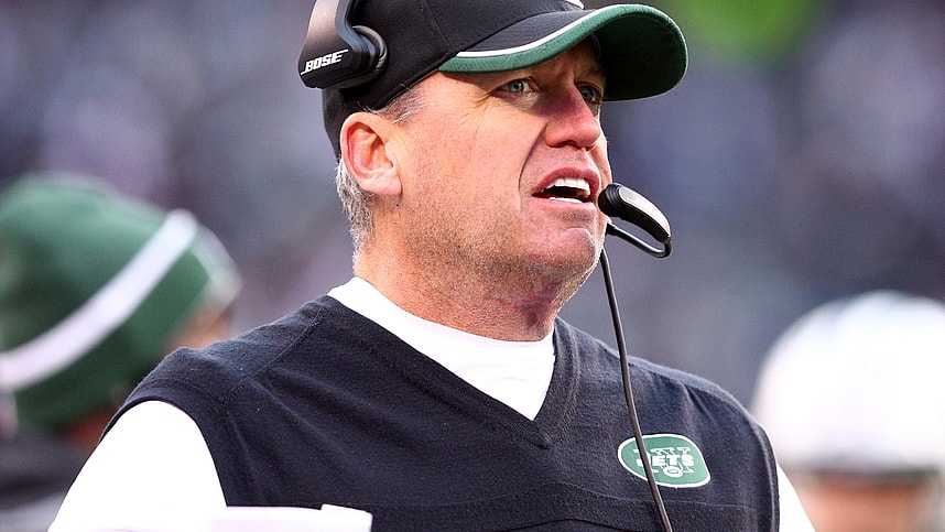 Dec 21, 2014; East Rutherford, NJ, USA; New York Jets head coach Rex Ryan coaches against the New England Patriots during the third quarter at MetLife Stadium. The Patriots defeated the Jets 17-16. Mandatory Credit: Brad Penner-Imagn Images