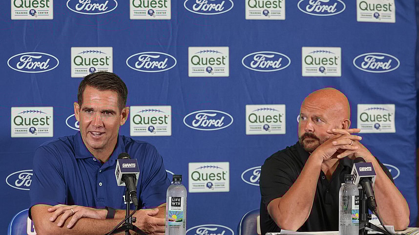 Jul 24, 2024; East Rutherford, NJ, USA; New York Giants general manager Joe Schoen (left) and head coach Brian Dabol talks to media before the start of training camp at Quest Diagnostics Training Facility. Mandatory Credit: Vincent Carchietta-Imagn Images