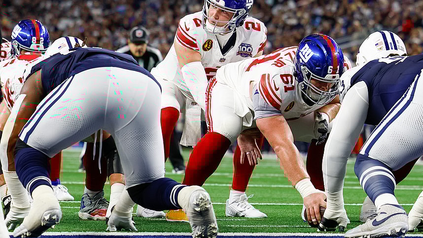 Nov 28, 2024; Arlington, Texas, USA; New York Giants quarterback Drew Lock (2) is under center during the first quarter against the Dallas Cowboys at AT&T Stadium. Mandatory Credit: Andrew Dieb-Imagn Images