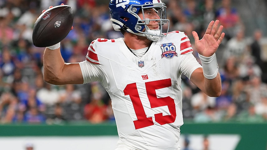 Aug 24, 2024; East Rutherford, New Jersey, USA; New York Giants quarterback Tommy DeVito (15) passes the ball against the New York Jets during the second half at MetLife Stadium. Mandatory Credit: Rich Barnes-Imagn Images