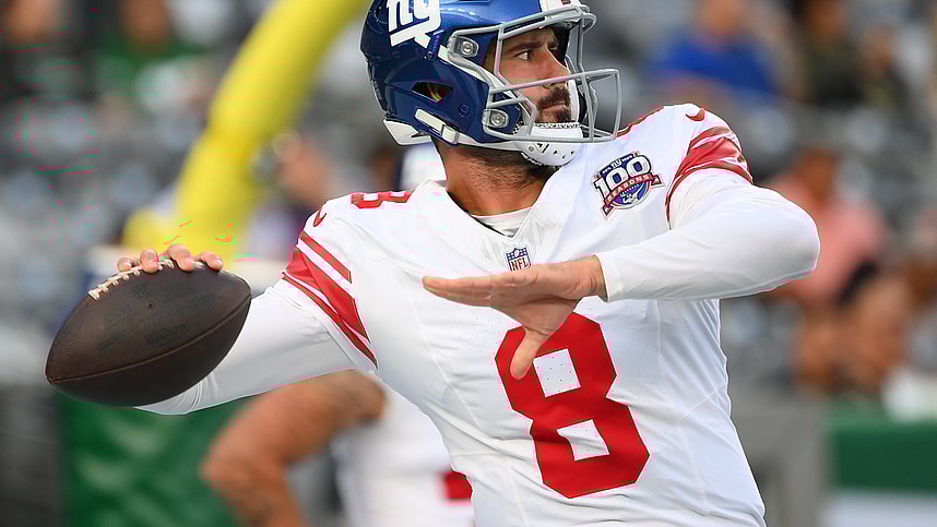 Aug 24, 2024; East Rutherford, New Jersey, USA; New York Giants quarterback Daniel Jones (8) warms up prior to the game against the New York Jets at MetLife Stadium. Mandatory Credit: Rich Barnes-Imagn Images