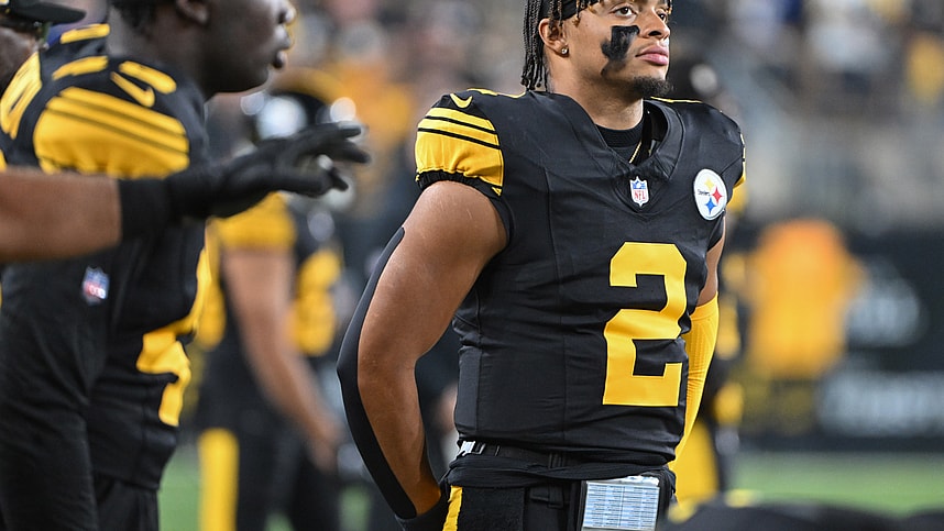Oct 28, 2024; Pittsburgh, Pennsylvania, USA; Pittsburgh Steelers quarterback Justin Fields (2) watches the action during the first quarter of a game against the New York Giants at Acrisure Stadium. Mandatory Credit: Barry Reeger-Imagn Images