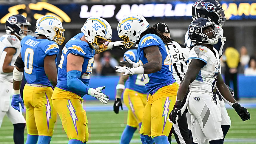 Nov 10, 2024; Inglewood, California, USA; Los Angeles Chargers defensive end Morgan Fox (56) and Los Angeles Chargers linebacker Bud Dupree (48) celebrate a sack in the third quarter at SoFi Stadium. Mandatory Credit: Robert Hanashiro-Imagn Images