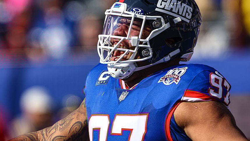 Nov 3, 2024; East Rutherford, New Jersey, USA; New York Giants defensive tackle Dexter Lawrence II (97) reacts during introductions before the game against the Washington Commanders at MetLife Stadium. Mandatory Credit: Vincent Carchietta-Imagn Images