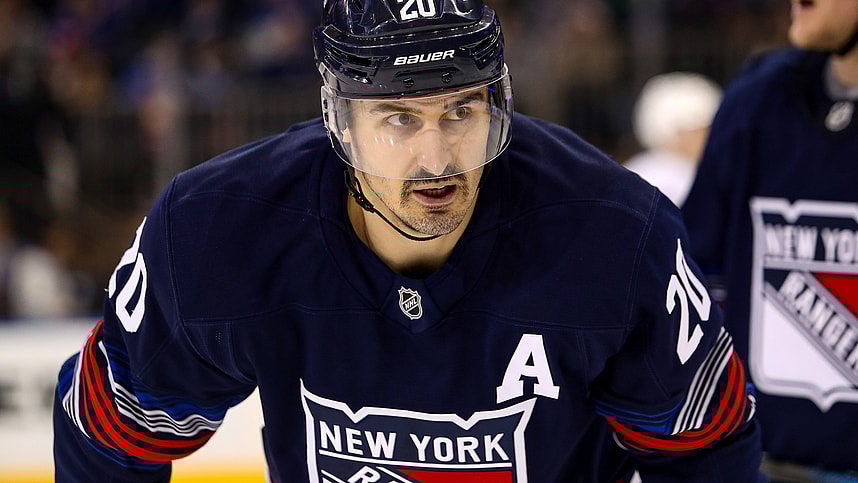Nov 3, 2024; New York, New York, USA; New York Rangers left wing Chris Kreider (20) skates against the New York Islanders during the third period at Madison Square Garden. Mandatory Credit: Danny Wild-Imagn Images