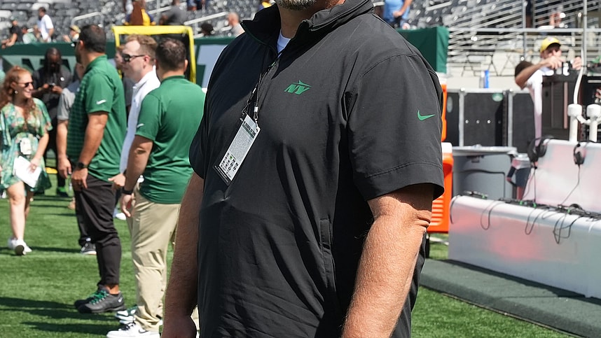 East Rutherford, NJ -- August 10, 2024 -- Jets general manager Joe Douglas during pregame warm-ups as the Washington Commanders came to MetLife Stadium to play the New York Jets in the first preseason game of the 2024 season.