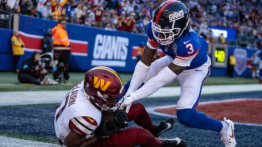Washington Commanders wide receiver Terry McLaurin (17) catches a pass for a touchdown while being guarded by New York Giants cornerback Deonte Banks (3) during a game between the New York Giants and the Washington Commanders at MetLife Stadium in East Rutherford on Sunday, Nov. 3, 2024.