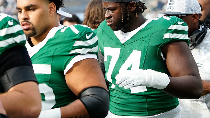 New York Jets offensive tackle Olu Fashanu (74) and his Gang Green teammates are shown just before their game with the Colts, Sunday, November 17, 2024.