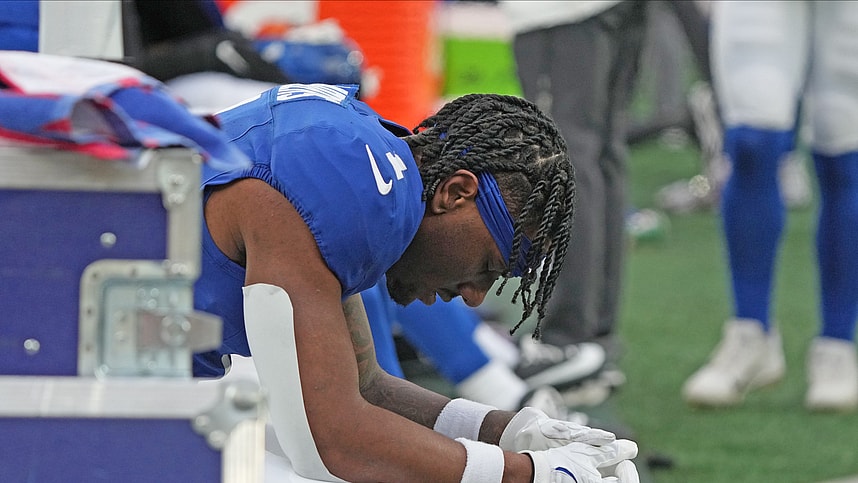 East Rutherford, NJ -- November 24, 2024 -- Malik Nabers of the Giants on the bench late in the fourth quarter as the Tampa Bay Buccaneers came to MetLife Stadium and defeated the New York Giants 30-7.