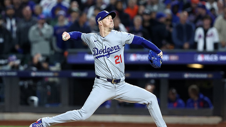 Oct 16, 2024; New York City, New York, USA; Los Angeles Dodgers pitcher Walker Buehler (21) throws a pitch against the New York Mets in the first inning during game three of the NLCS for the 2024 MLB playoffs at Citi Field. Mandatory Credit: Wendell Cruz-Imagn Images