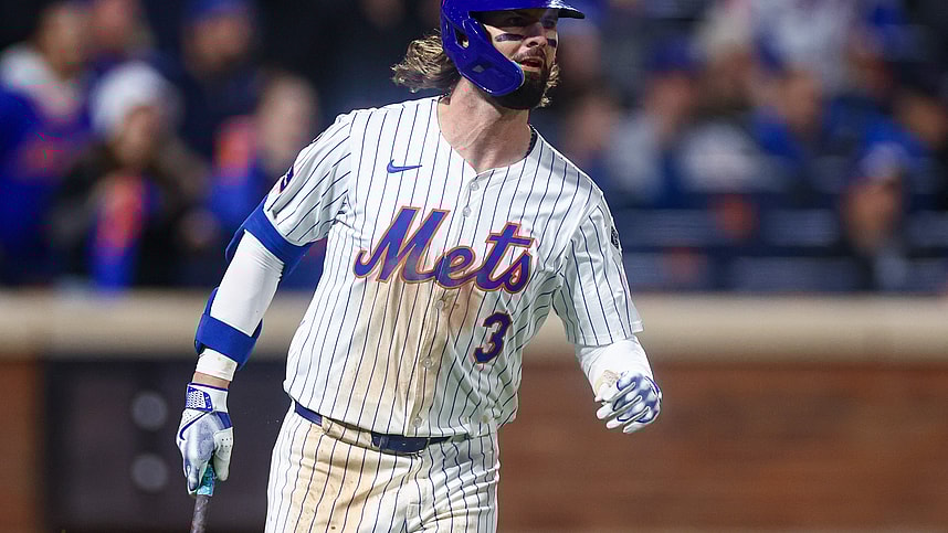 Oct 18, 2024; New York City, New York, USA; New York Mets left fielder Jesse Winker (3) singles during game five of the NLCS for the 2024 MLB playoffs against the Los Angeles Dodgers at Citi Field. Mandatory Credit: Vincent Carchietta-Imagn Images