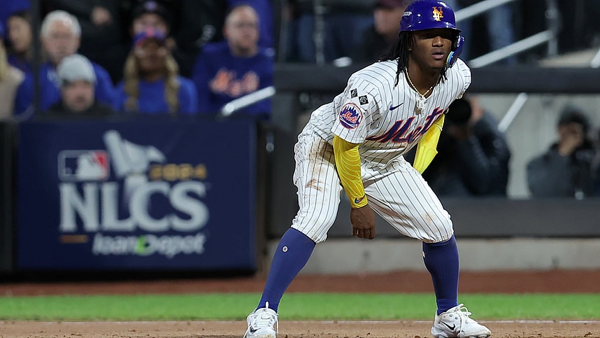Oct 18, 2024; New York City, New York, USA; New York Mets pinch runner Luisangel Acuna (2) leads off first base during the eighth inning of game five of the NLCS against the Los Angeles Dodgers during the 2024 MLB playoffs at Citi Field. Mandatory Credit: Brad Penner-Imagn Images