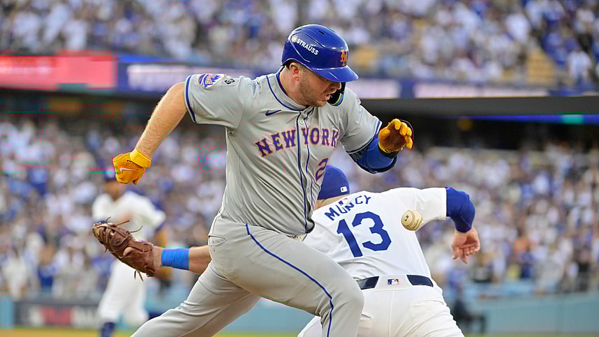 Oct 20, 2024; Los Angeles, California, USA; New York Mets first baseman Pete Alonso (20) runs to second after an error by Los Angeles Dodgers second baseman Chris Taylor (not pictured) to first baseman Max Muncy (13) in the first inning during game six of the NLCS for the 2024 MLB playoffs at Dodger Stadium. Mandatory Credit: Jayne Kamin-Oncea-Imagn Images