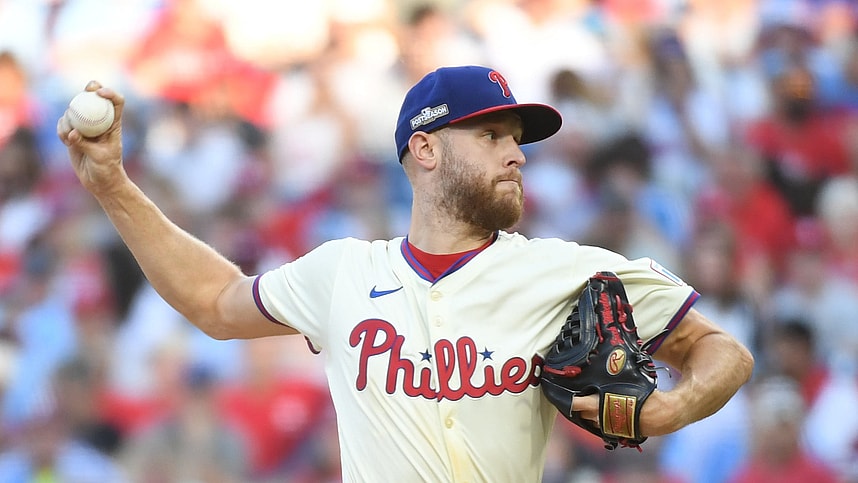 Oct 5, 2024; Philadelphia, PA, USA; Philadelphia Phillies pitcher Zack Wheeler (45) throws a pitch against the New York Mets in the seventh inning in game one of the NLDS for the 2024 MLB Playoffs at Citizens Bank Park. Mandatory Credit: Eric Hartline-Imagn Images