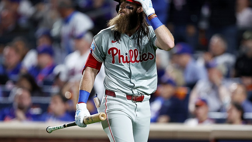 Oct 8, 2024; New York City, New York, USA; Philadelphia Phillies outfielder Brandon Marsh (16) reacts to striking out in the eighth inning against the New York Mets during game three of the NLDS for the 2024 MLB Playoffs at Citi Field. Mandatory Credit: Vincent Carchietta-Imagn Images